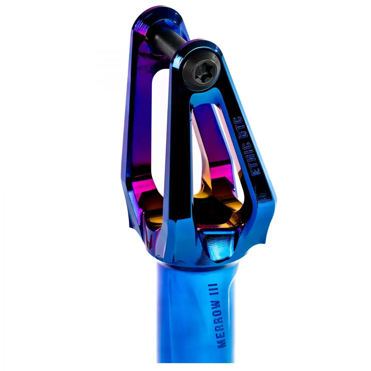 Ethic Merrow V3 IHC compatible Stunt Chrome Blue fork Scooter / Stuntstep Fork Close up