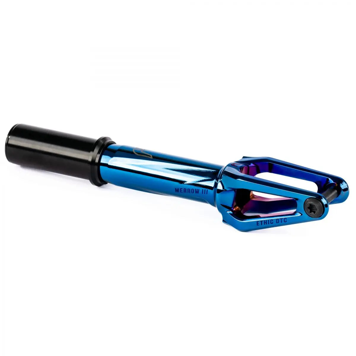 Ethic Merrow V3 IHC compatible Stunt Chrome Blue fork Scooter / Stuntstep Lightest Fork Corner View (3/4 Angle)