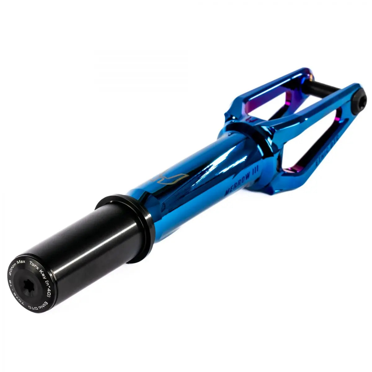 Ethic Merrow V3 IHC compatible Stunt Chrome Blue fork Scooter / Stuntstep Fork Back Corner View (3/4 Angle)