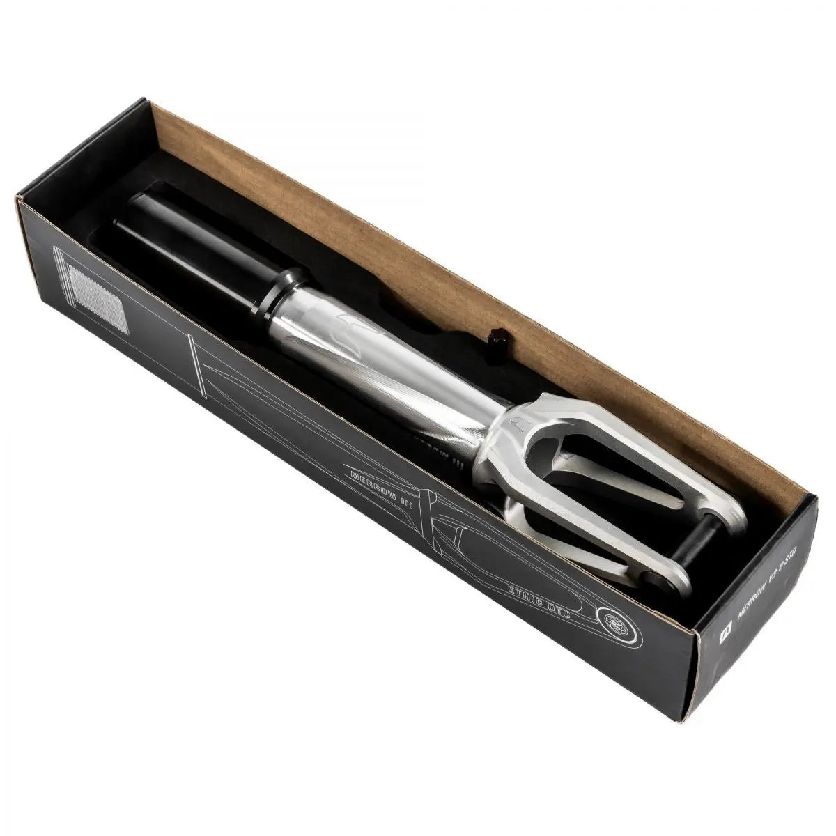 Ethic Merrow V3 IHC compatible Stunt Chrome Blue fork Scooter / Stuntstep Fork Corner View (3/4 Angle) From the box